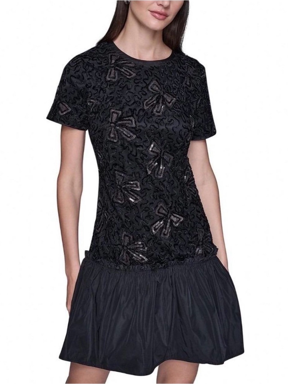 KARL LAGERFELD PARIS
Women's Sequin Bow Applique Drop-Waist Dress
